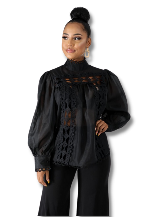 Black Embroidered Lace Sheer Top
