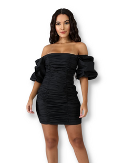 Black Ruched Balloon Sleeve Dress