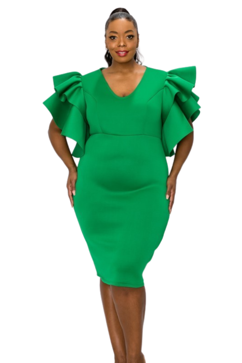 Kelly Green Waterfall Ruffle Sleeve Dress