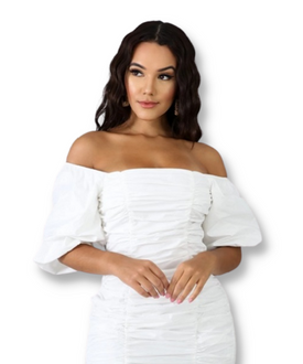 Ivory Ruched Balloon Sleeve Dress