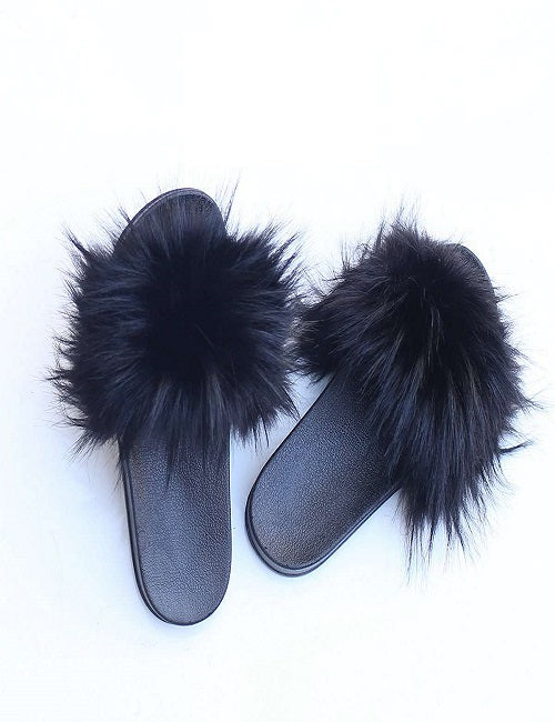 Black Faux Fur Slides
