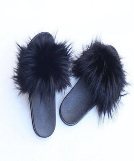 Black Faux Fur Slides