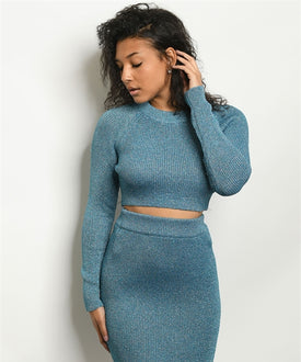 Sweater Knit Blue Top Skirt Set