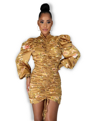 Golden Flowers Ruched Dress