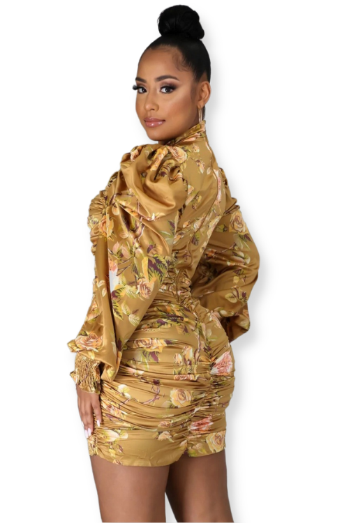 Golden Flowers Ruched Dress