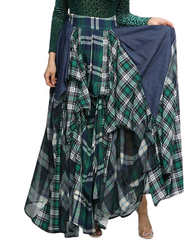 Green Plaid and Denim Draping Skirt