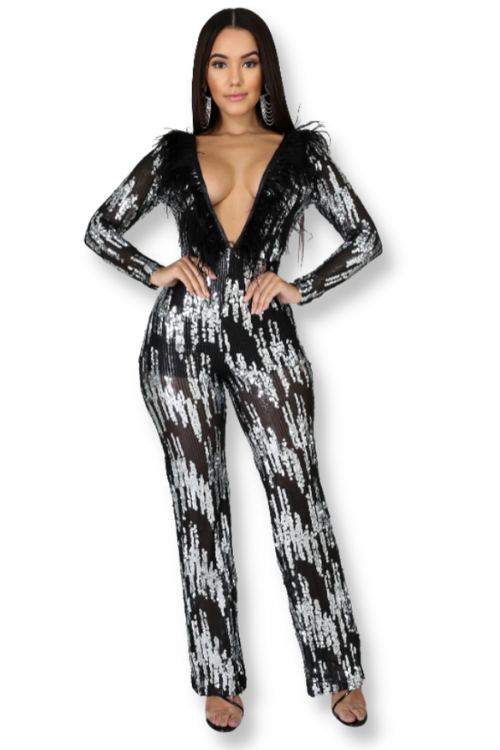 Plume Feather Black Silver Sequins Jumpsuit