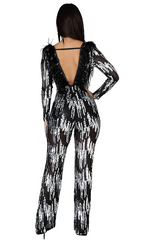 Plume Feather Black Silver Sequins Jumpsuit
