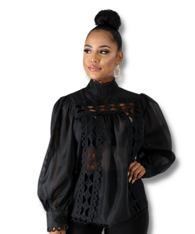 Black Embroidered Lace Sheer Top