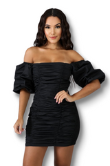 Black Ruched Balloon Sleeve Dress