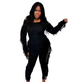 Black Fringe Cable Sweater Set