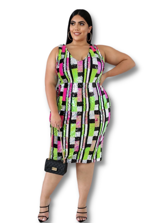 Pink and Green Color Block Sequins Dress