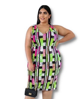 Pink and Green Color Block Sequins Dress