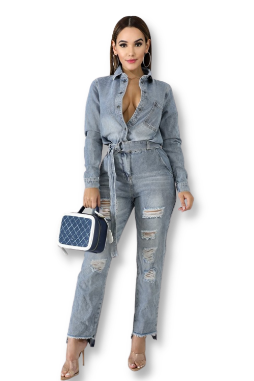 Distressed Denim Jumpsuit