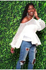 White Mesh Peplum Top