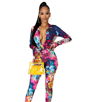 Navy Floral Two Piece Pant Set