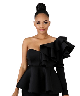 Black One Sleeve Flare Peplum Top