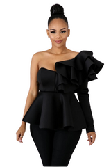 Black One Sleeve Flare Peplum Top