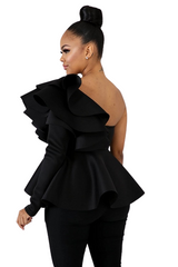 Black One Sleeve Flare Peplum Top