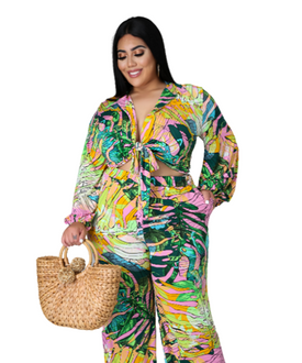 Pink Green Sunset Palm Two Piece Set