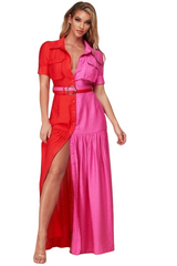 Pink Red Colorblock Maxi Dress