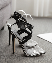Clear Pointed Black White Stripe Heels