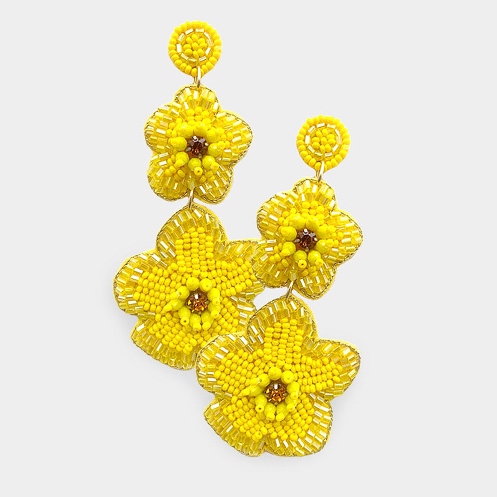 Yellow Seed Bead Dangling Flower Earrings